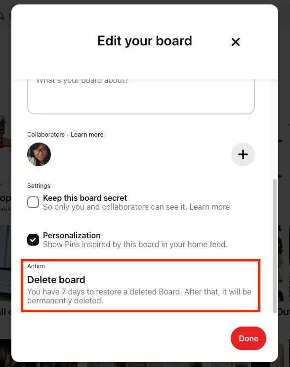 pinterest delete board desktop