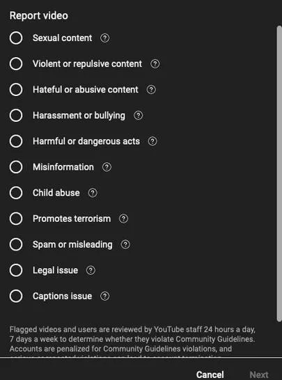 youtube report options