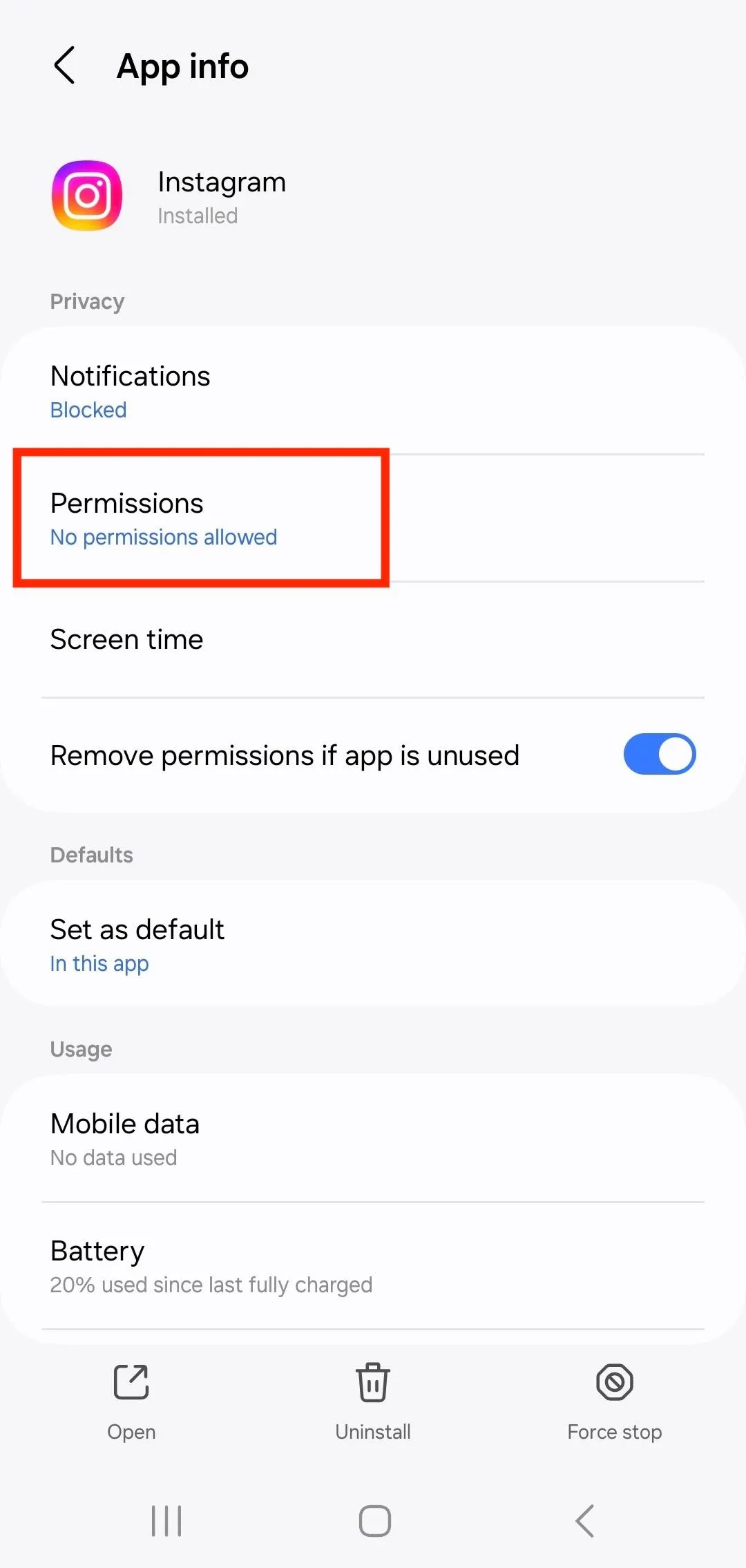 instagram settings permissions