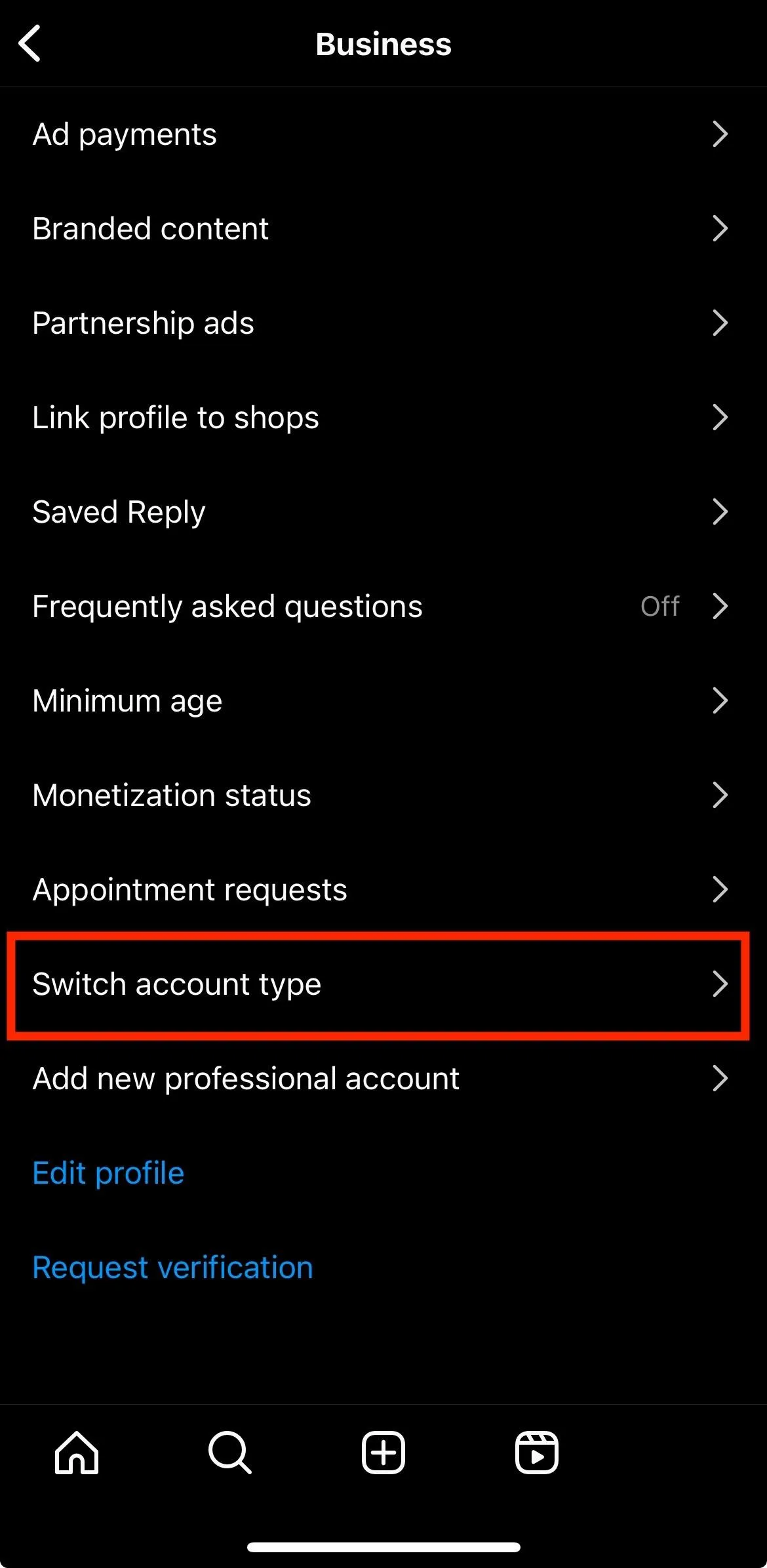 instagram business switch account type