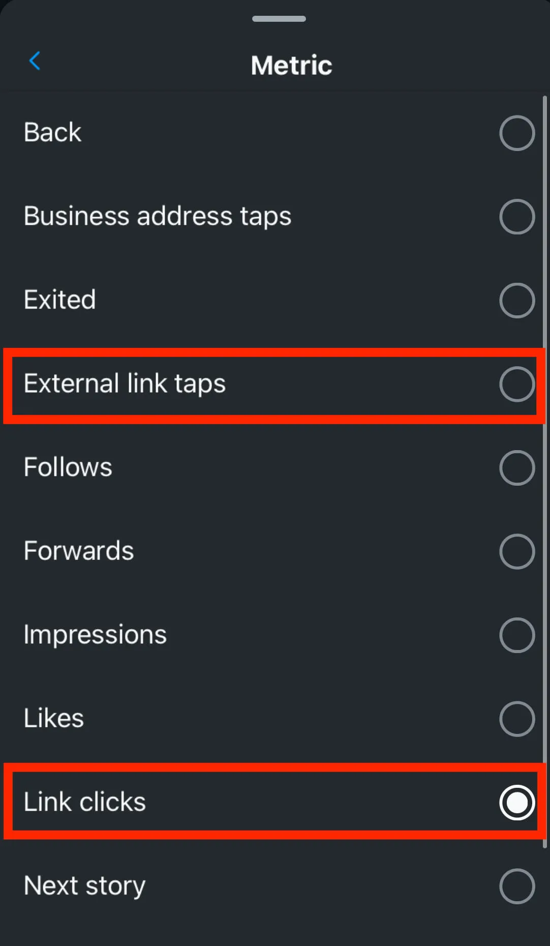 instagram stories metric options