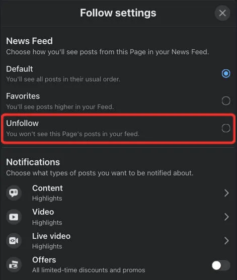 facebook unfollow option