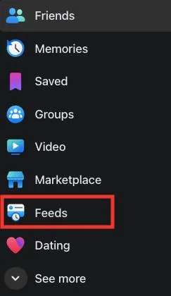 facebook feeds menu