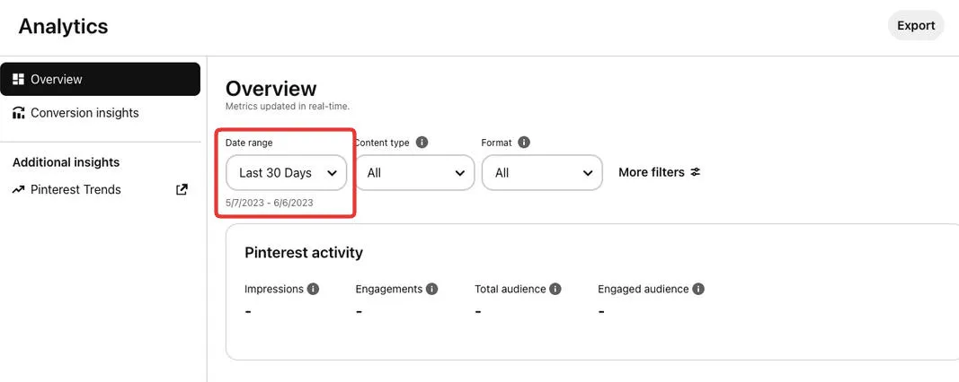 pinterest overview date range analytics