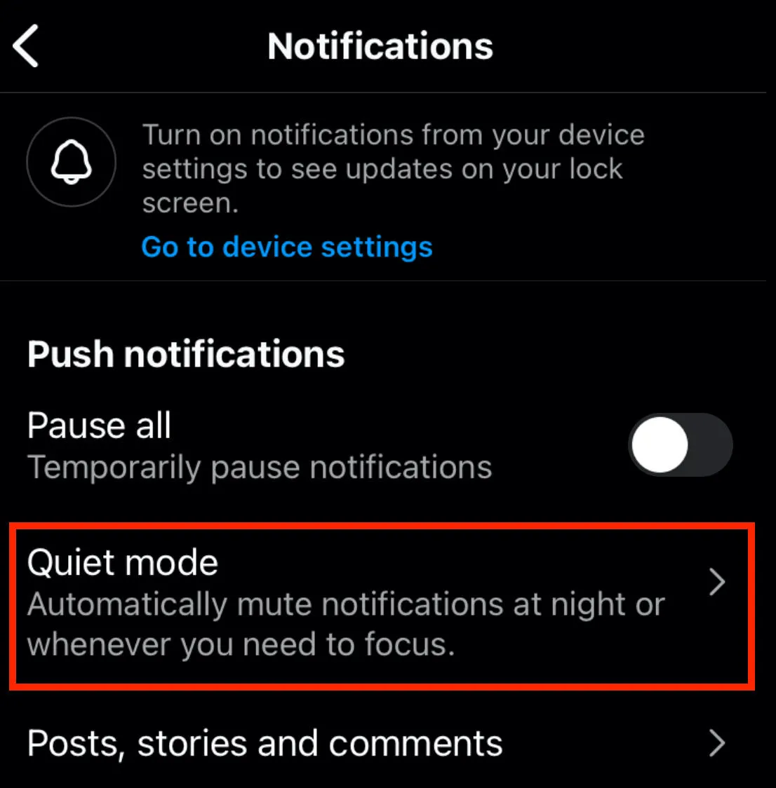 instagram quiet mode settings