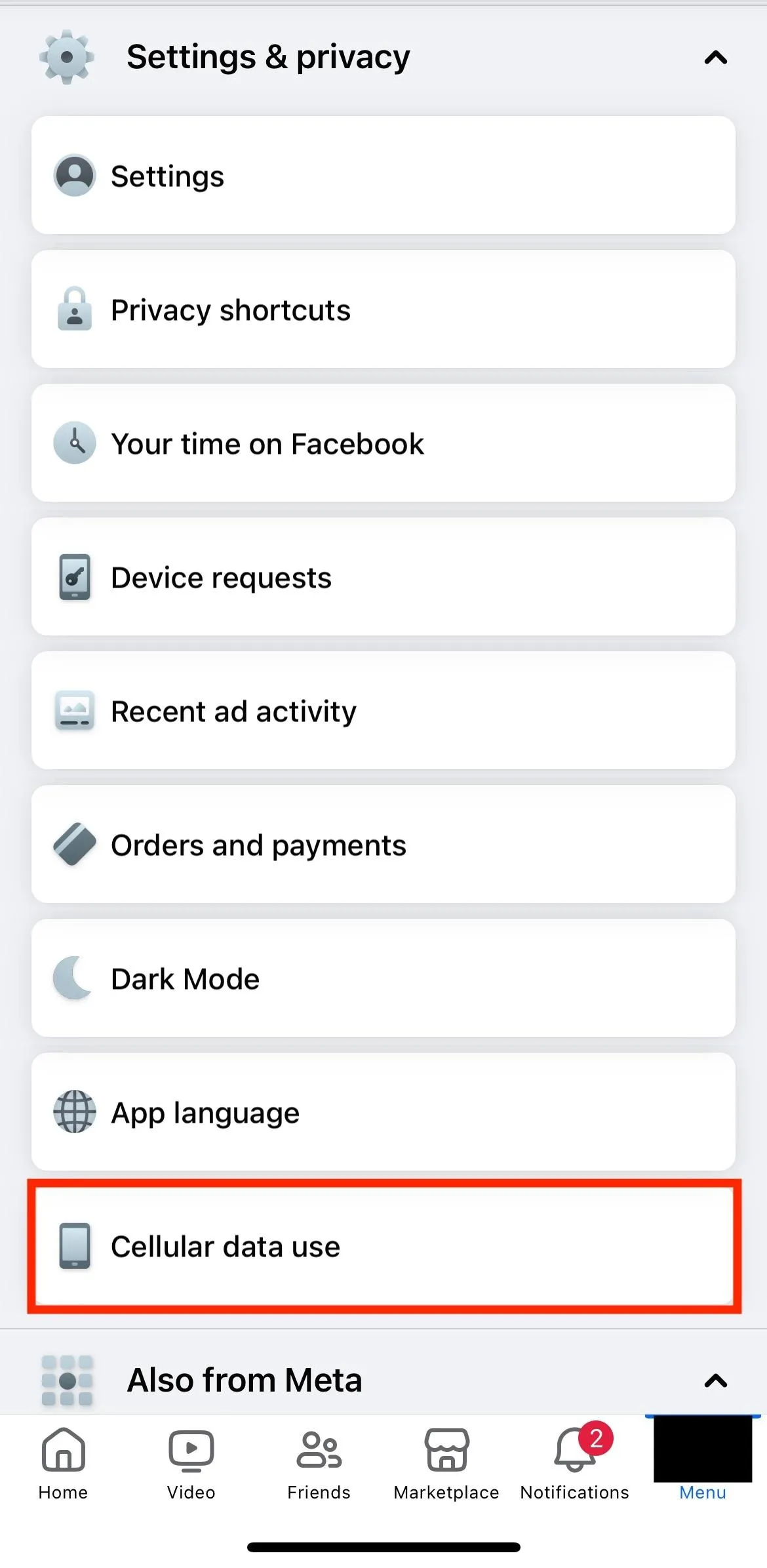 facebook cellular data use