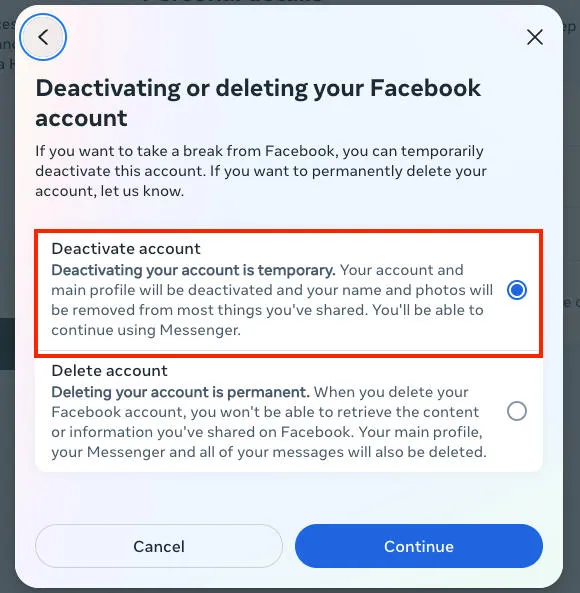 facebook deactivate account